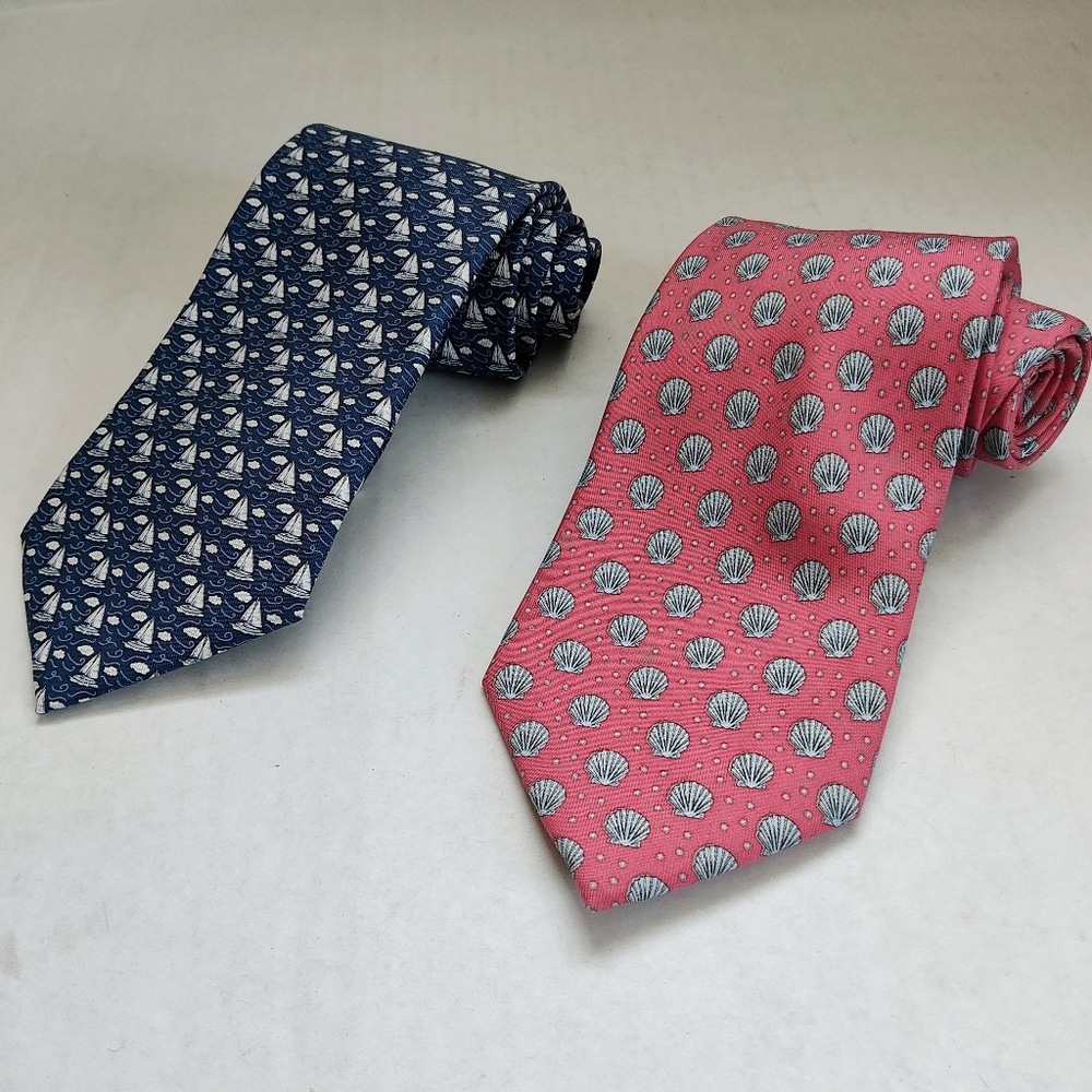 Vineyard Vines Set Of 2 Silk Men's Ties Pink Seashells And Blue Boats